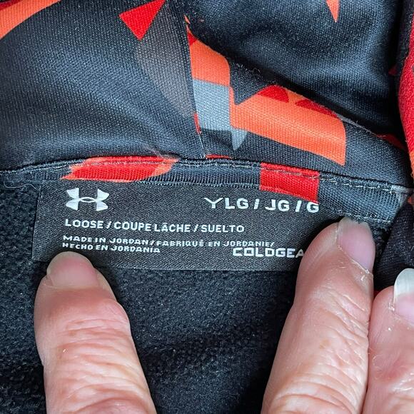 Under Armour Kids Large Hoodie ColdGear Youth Fleece Sweatshirt Black Red - Picture 3 of 10